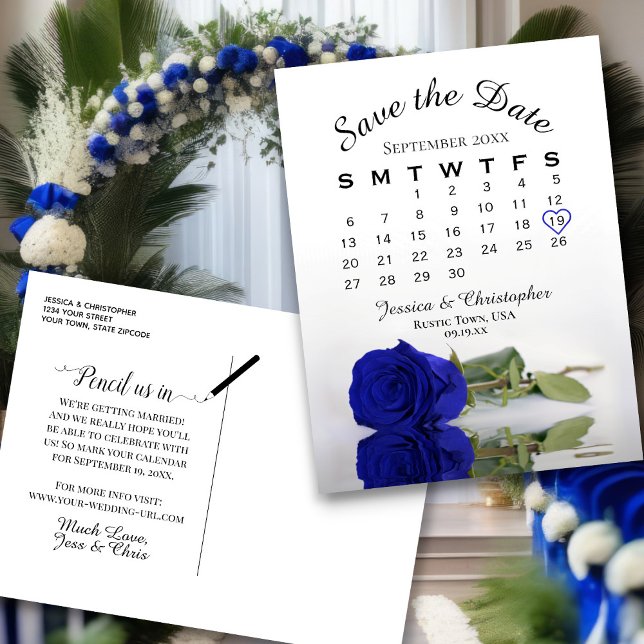 Cartão Postal De Anúncio Calendário Real de Casamento de Rosa Azul Salvar a (Front/Back)
