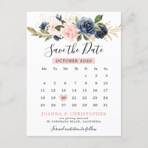 Cartão Postal De Anúncio Calendário Rosa Rosa Azul Marinho Salve a Data