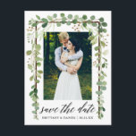 Cartão Postal De Anúncio Caligrafia Botânica Enquadre Data de Salvamento<br><div class="desc">Script de Caligrafia Moderna,  Folhas de Eucalipto Verde Botânico Aquarela,  Quadro de Madeira,  Anúncio de Noivado Salve a Data Cartão Postal de Foto de Casal</div>
