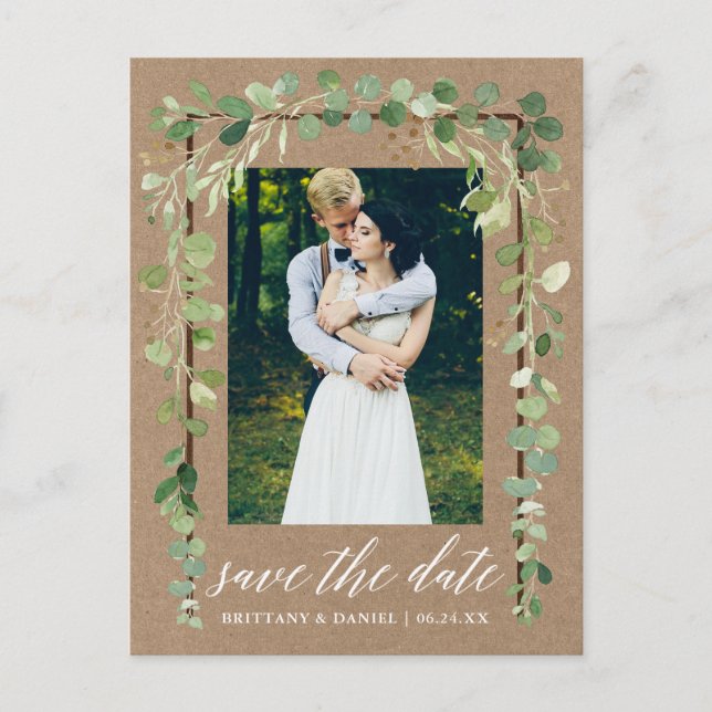 Cartão Postal De Anúncio Caligrafia Botânica Save The Date Madeira Kraft (Frente)