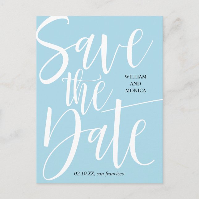 Cartão Postal De Anúncio Caligrafia | Casamento moderno de White Azure (Frente)