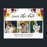 Cartão Postal De Anúncio Caligrafia Floral Misto Save The Date 3 Fotos<br><div class="desc">Script de Caligrafia Moderna,  Floral de Borgonha Aquarela,  Anúncio de Ensaio de Noivado Save The Date com casal e 3 fotos inclui rosas borgonha,  rosas rosa,  rosas vermelhas,  girassóis e folhagens botânicas.</div>
