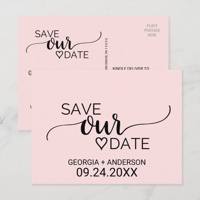 Cartão Postal De Anúncio Caligrafia Simples Rosa Esmagadora Salve nossa Dat (Frente/Verso)