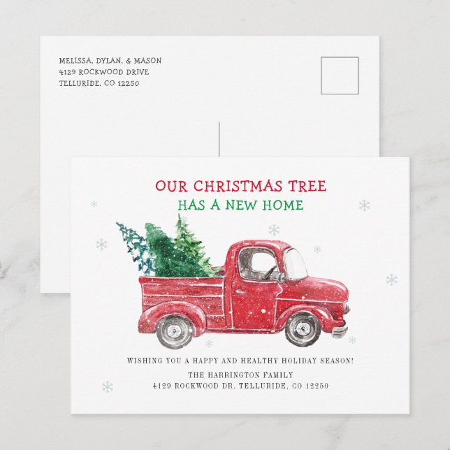 Cartão Postal De Anúncio Caminhão Vermelho Antigo Mudamos para o Feriado (Frente/Verso)