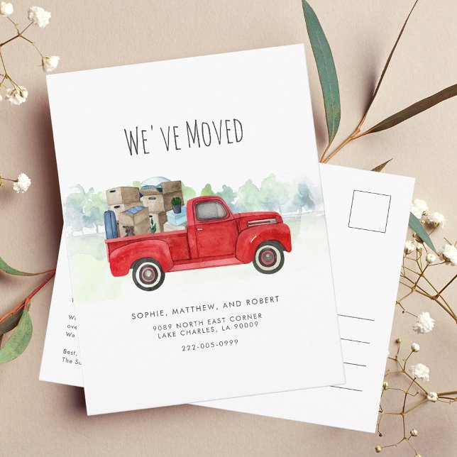 Cartão Postal De Anúncio Caminhão Vermelho de Água que Movemos (Elegant Watercolor Red Truck Family Moving Announcement Postcard)