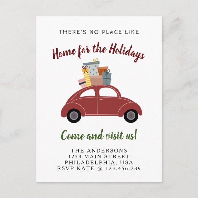 Cartão Postal De Anúncio Carro Vermelho com presentes no Natal em movimento (Frente)