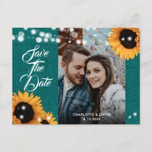 Cartão Postal De Anúncio Cartão de Foto do Casamento de Girassol em Azul Tu