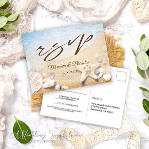 Cartão Postal De Anúncio Cartão de Resposta de Casamento na Praia com Estre