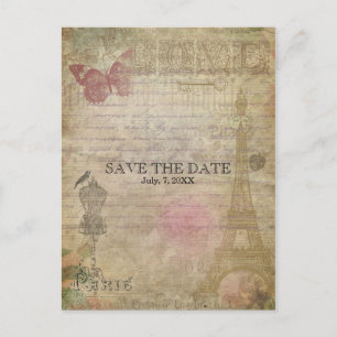 Cartão Postal De Anúncio Cartão de SALVE A DATA de Casamento Vintage Paris 