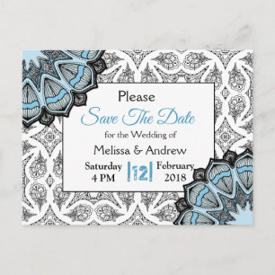 Cartão Postal De Anúncio Cartão de Save the Date de casamento azul, preto e