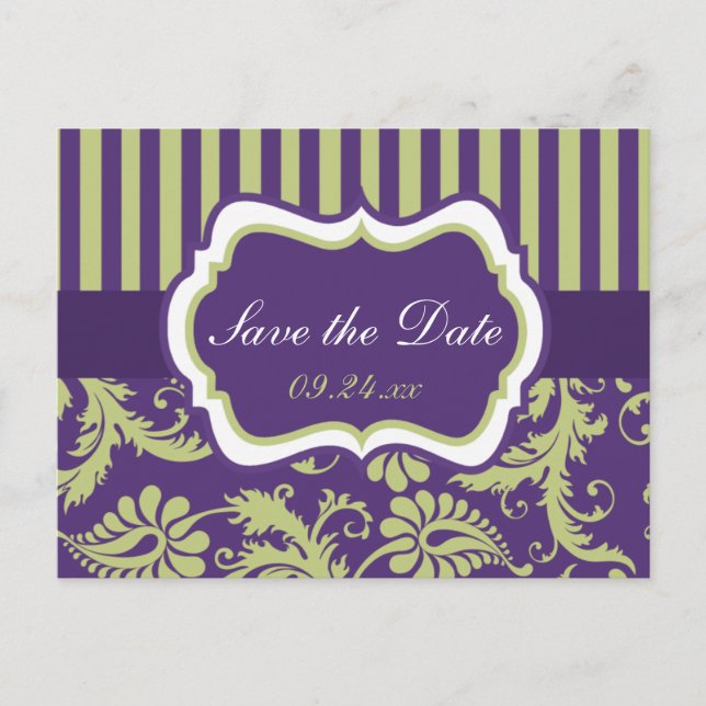 Cartão Postal De Anúncio Cartão de Save the Date de Damasco Roxo, Branco e  (Frente)