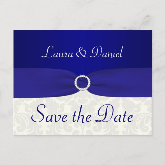 Cartão Postal De Anúncio Cartão-postal Azul e Ivory Damask Save the Date (Frente)