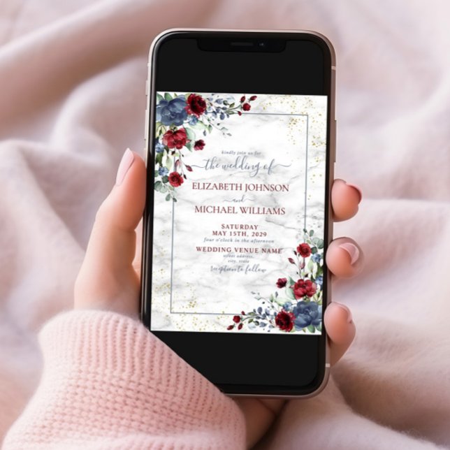 Cartão Postal De Anúncio Cartão-postal Floral Azul-Borgonha Claro Casamento (Criador carregado)