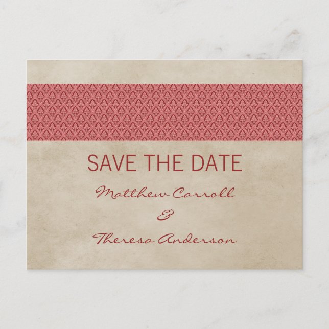Cartão Postal De Anúncio Cartão-postal Red Rustic Damask Save the Date (Frente)