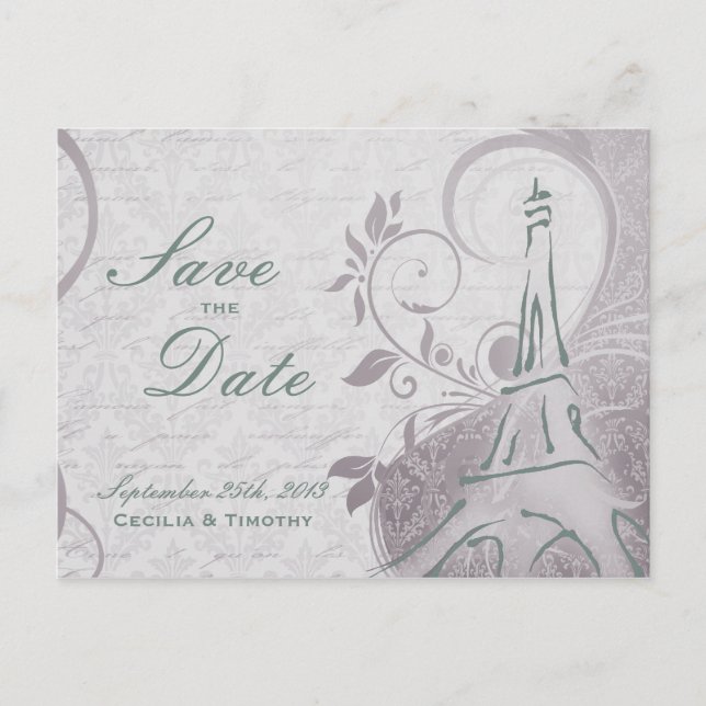 Cartão Postal De Anúncio Cartaz Rústico: Subtil Teal & Purple Save the Date (Frente)