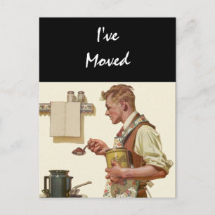 Cartão Postal De Anúncio Cartaz Vintage Man Make Coffee Moved New Address