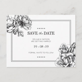 Cartão Postal De Anúncio Cartões-postais de casamento em floral monocromáti