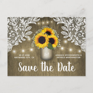 Cartão Postal De Anúncio Cartões-postais de Mason Jar Rustic Sunflower Save