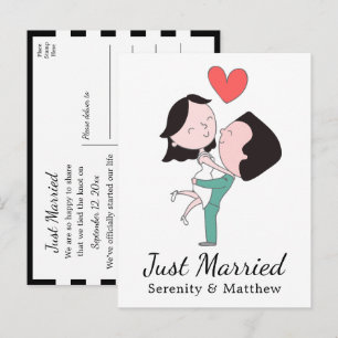 Cartão Postal De Anúncio Cartoon Recém-Casados Noiva Noivo Coração Vermelho