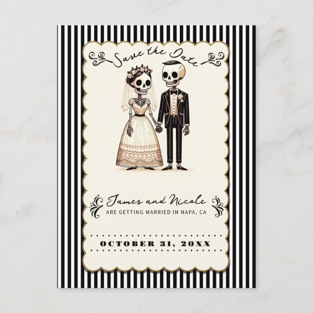 Cartão Postal De Anúncio Cartoon Skeleton Bride + Groom Salvar a Data (Frente)