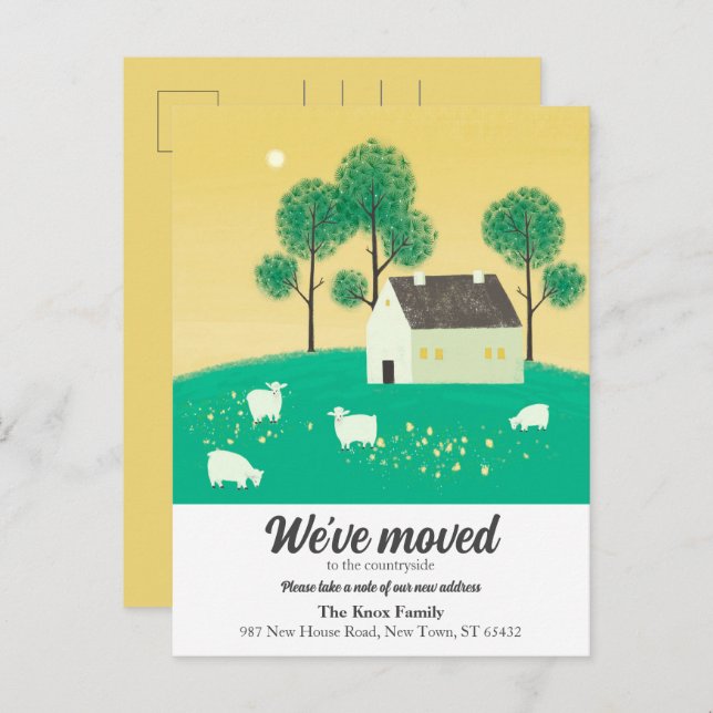 Cartão Postal De Anúncio Casa Bonita no Campo Árvores Ovelhas Mudamos (Frente/Verso)