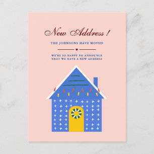 Cartão Postal De Anúncio Casa Simples Azul Rosa Nós Mudamos Novo Endereço