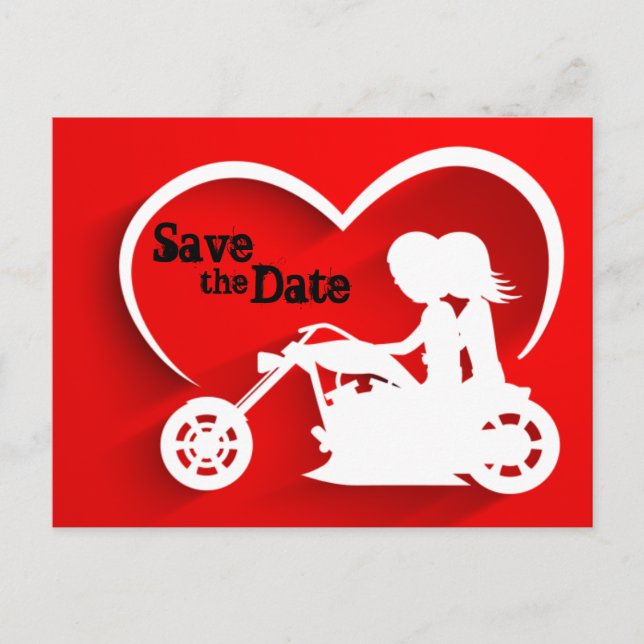 Cartão Postal De Anúncio Casal Andando Motocicleta Salvar a Data Casamento (Frente)