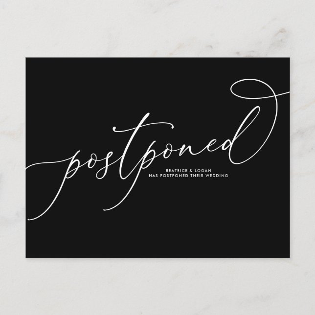 Cartão Postal De Anúncio Casamento Adiado Black Whimsical Script (Frente)