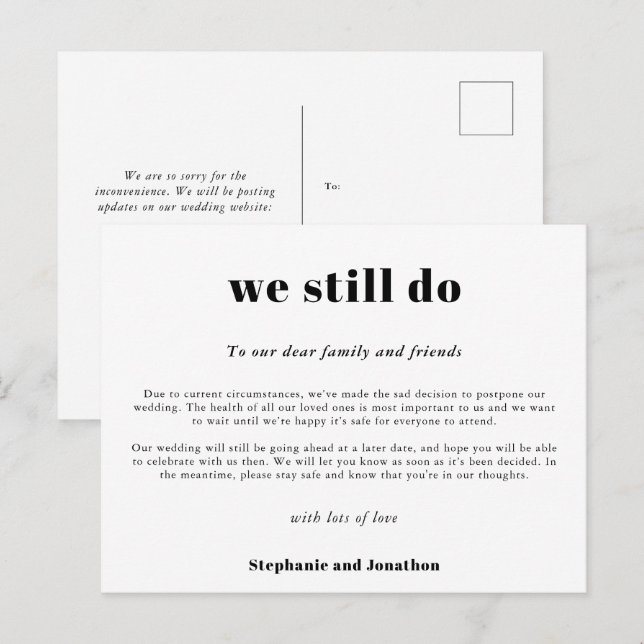 Cartão Postal De Anúncio Casamento Adiado Nós Ainda Fazemos Script COVID Br (Frente/Verso)