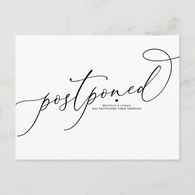 Cartão Postal De Anúncio Casamento Adiado Script Caprichoso Preto (Frente)