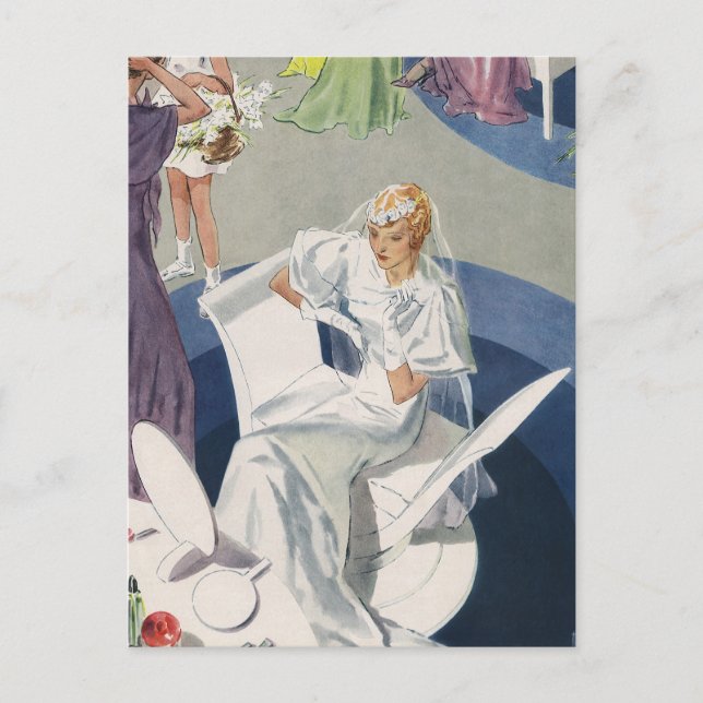 Cartão Postal De Anúncio Casamento Antigo, Noiva Art Déco Salve a Data (Frente)