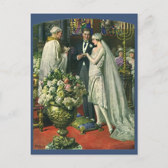 Cartão Postal De Anúncio Casamento Antigo, Noiva e Noivo Salvam a Data (Frente)