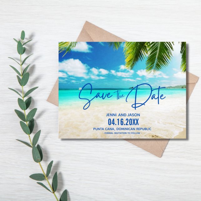 Cartão Postal De Anúncio Casamento Azul De Destino Da Praia Salvar A Data (Criador carregado)