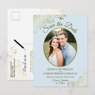 Cartão Postal De Anúncio Casamento Azul e Dourado Pálido Salve a Foto Oval 