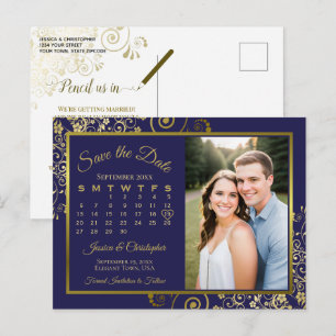 Cartão Postal De Anúncio Casamento Azul Marinho e Dourado Salve a Data Cale