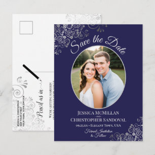 Cartão Postal De Anúncio Casamento Azul Marinho & Prata Salve a Data Foto
