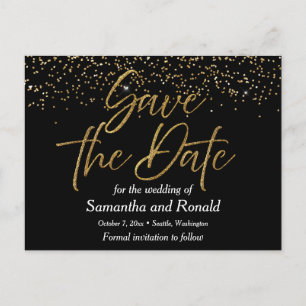 Cartão Postal De Anúncio Casamento Black & Gold Glitter Save The Date