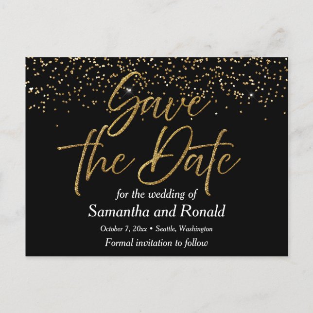 Cartão Postal De Anúncio Casamento Black & Gold Glitter Save The Date (Frente)