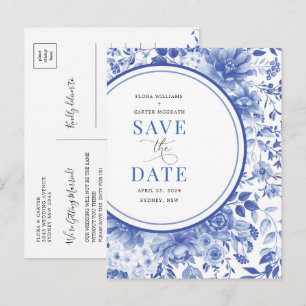 Cartão Postal De Anúncio Casamento Blue Chinoiserie Botânico Salve o Dia