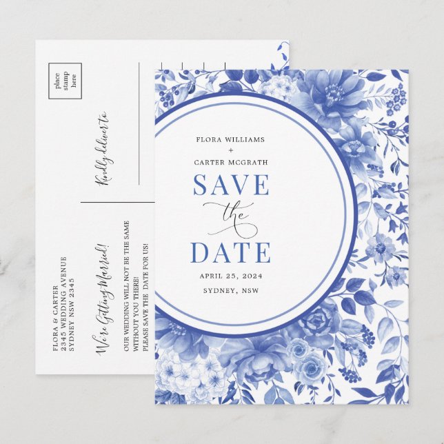 Cartão Postal De Anúncio Casamento Blue Chinoiserie Botânico Salve o Dia (Frente/Verso)