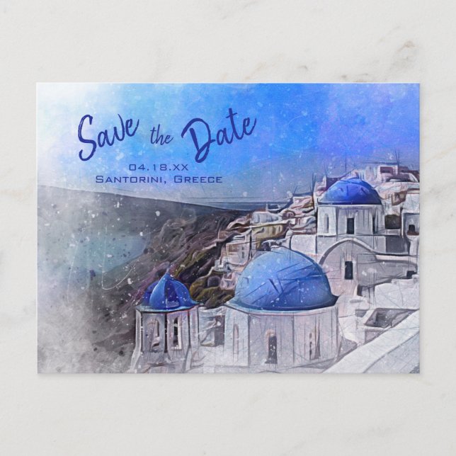 Cartão Postal De Anúncio Casamento Branco Azul com Grécia Santorini (Frente)