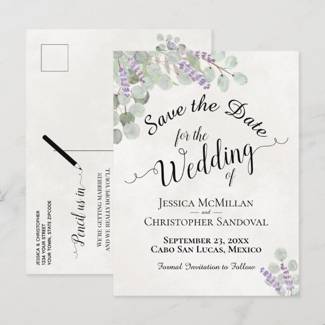 Cartão Postal De Anúncio Casamento Branco Eucalipto e Lavanda Save the Date (Frente/Verso)