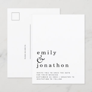 Cartão Postal De Anúncio Casamento branco preto minimalista Salve a data