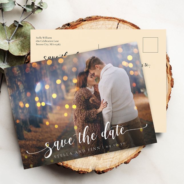 Cartão Postal De Anúncio Casamento Caligrafia Moderna Salvar Data Foto (Modern Calligraphy Wedding Save The Date Photo Announcement Postcard)