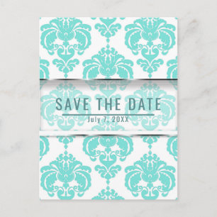 Cartão Postal De Anúncio Casamento Chic Damask Azul Turquesa e Branco Save