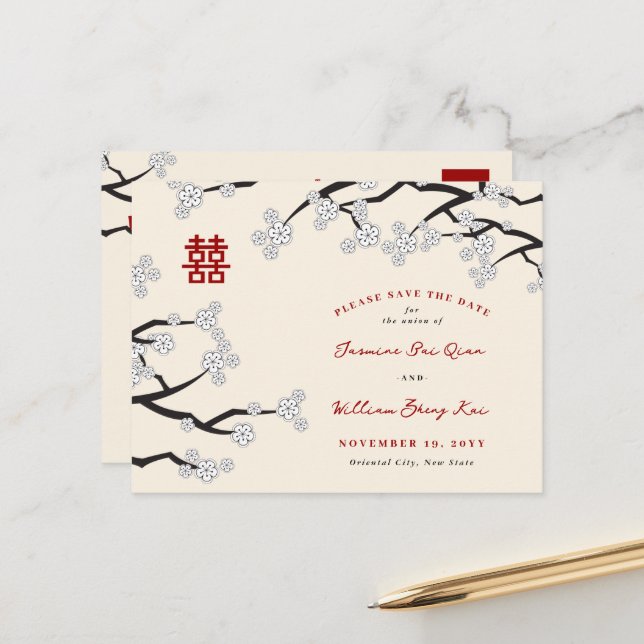 Cartão Postal De Anúncio Casamento Chinês De Cerejeira Branca Salvar A Data (Frente/Verso In Situ)