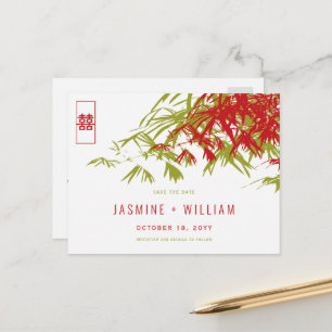 Cartão Postal De Anúncio Casamento Chinês Zen Verde Vermelho Bamboo Salva 
