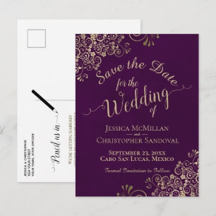 Cartão Postal De Anúncio Casamento com Caligrafia Chic Plum & Dourado Salve