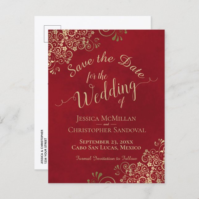 Cartão Postal De Anúncio Casamento com Caligrafia Vermelha e Dourada Salve  (Frente/Verso)