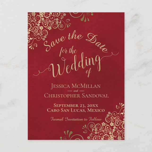 Cartão Postal De Anúncio Casamento com Caligrafia Vermelha e Dourada Salve  (Frente)